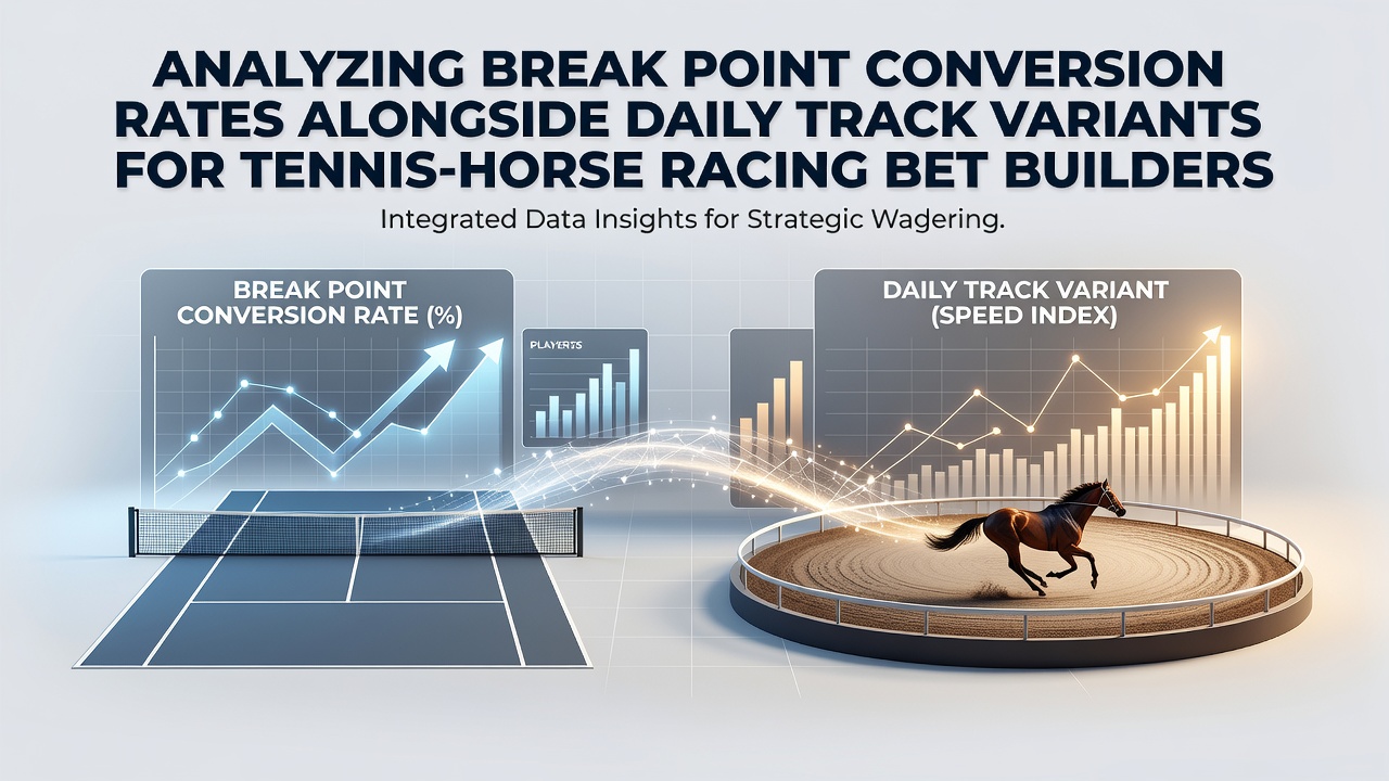 Tennis player converting a break point on grass court alongside horse racing track conditions graphic