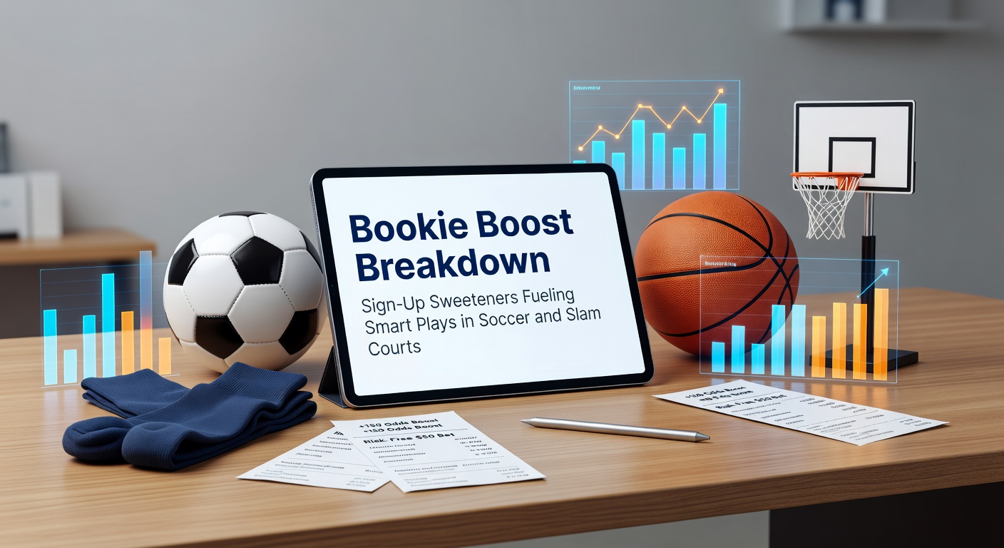 Vibrant graphic showing soccer players on the pitch alongside tennis aces being served, overlaid with bookmaker bonus icons like free bet tokens and deposit match symbols