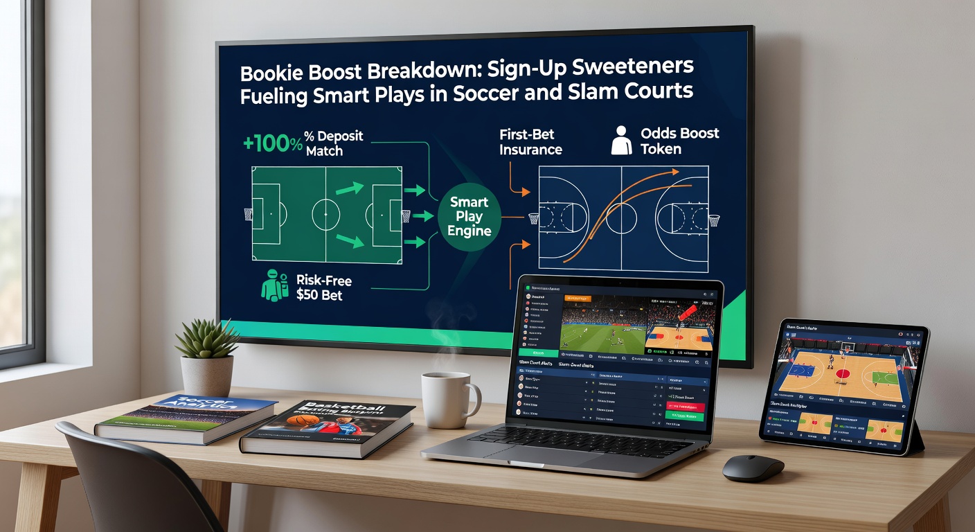 Split-image collage of a soccer goal celebration merging into a tennis player smashing a forehand winner, with glowing bonus percentage icons and wager trackers in the foreground