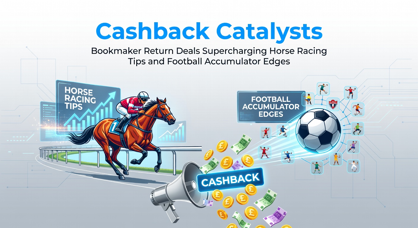 Dynamic graphic showing cashback icons overlaying horse racing tracks and stacked football accumulator bets, highlighting boosted returns
