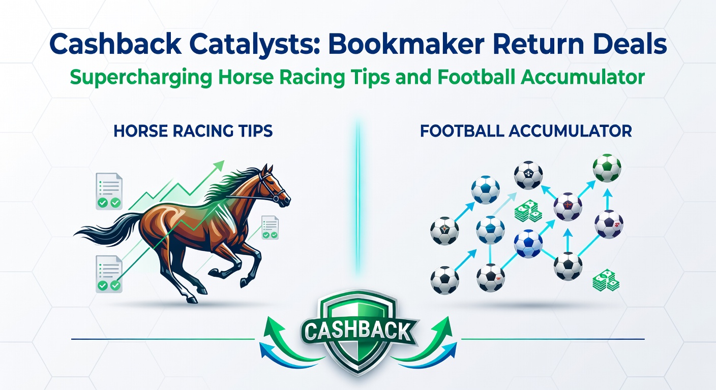 Close-up of a bookmaker app interface displaying active cashback offers on a horse racing card next to a building football accumulator slip