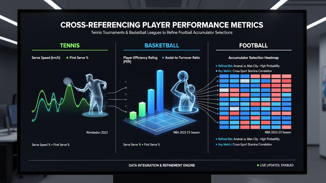 Tennis player serving while basketball action unfolds in the background, illustrating cross-sport performance data integration