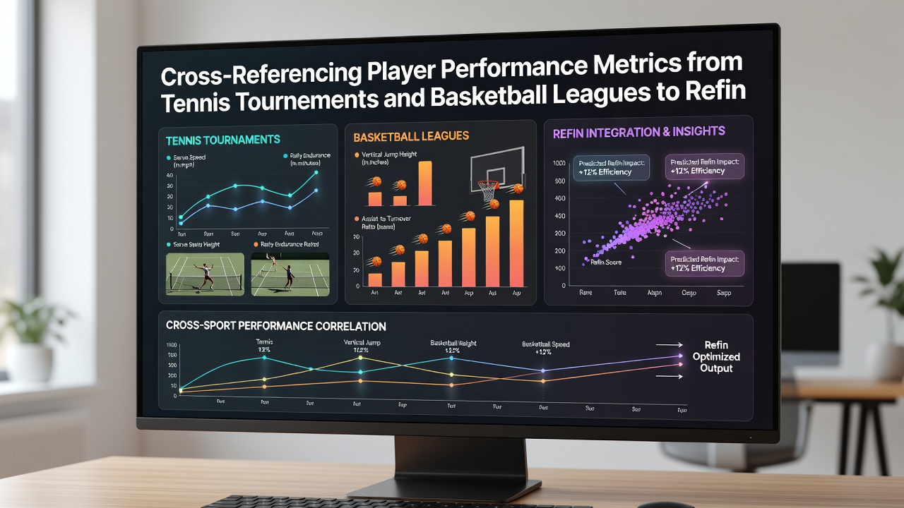 Data visualization dashboard showing tennis serve stats merged with basketball rebound metrics for football player evaluation