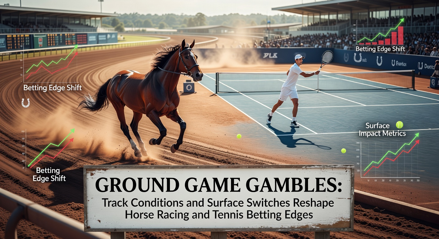 A horse galloping on a rain-soaked track next to a tennis player sliding on clay court, highlighting surface impacts on performance