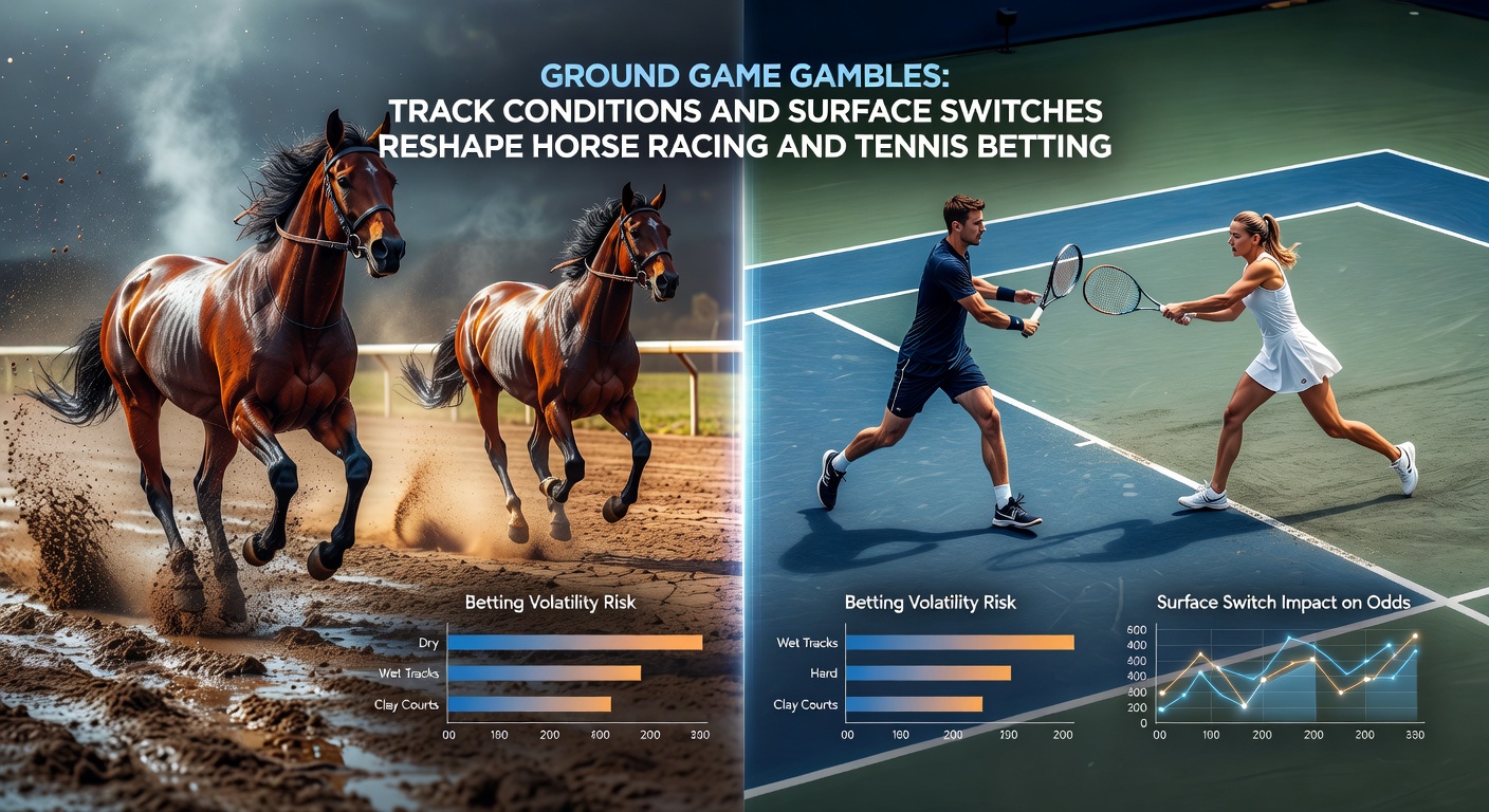 Split image showing a muddy horse racing track and a tennis ball on varying court surfaces, illustrating betting variables