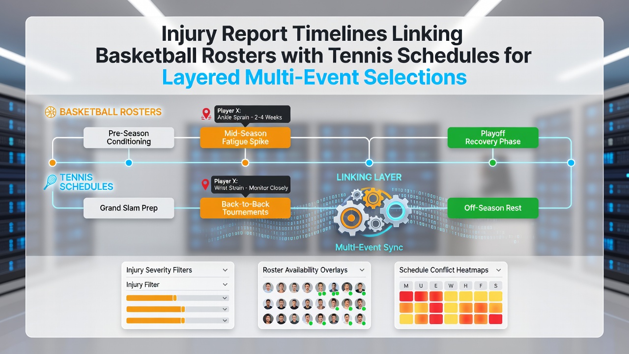 Basketball players reviewing injury timelines alongside tennis tournament schedules on digital displays