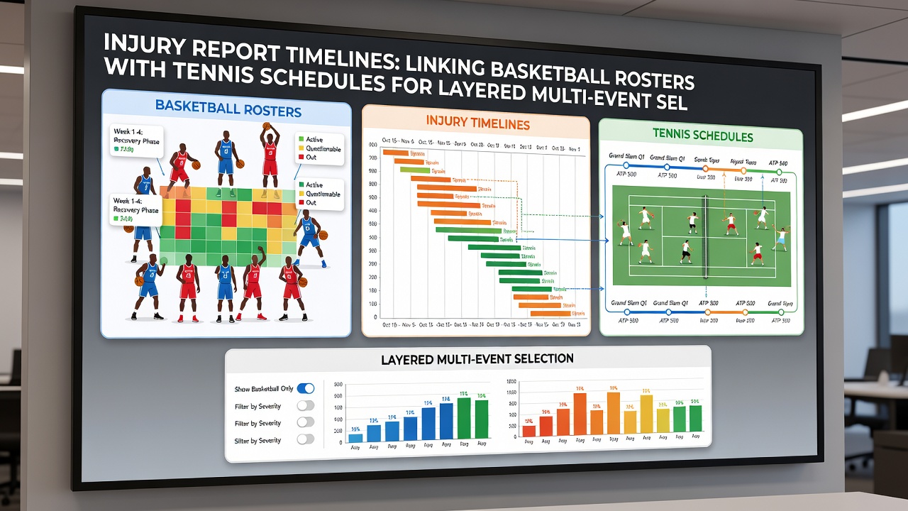 Digital dashboard displaying synchronized injury timelines for basketball and tennis events in June 2026