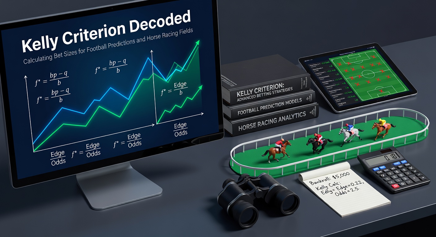 Visual representation of the Kelly Criterion formula applied to a soccer match prediction chart alongside a horse racing field odds board