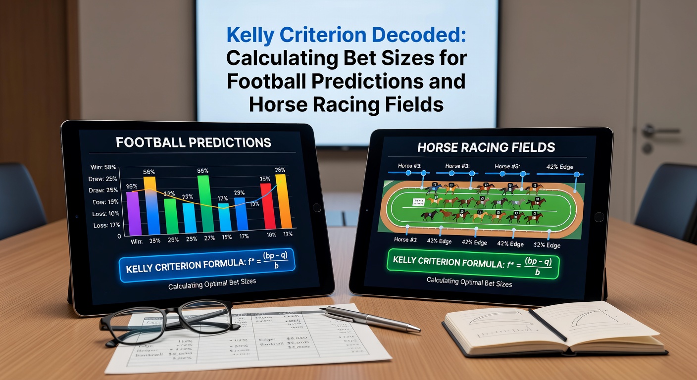 Example calculation spreadsheet showing Kelly fractions for a Premier League football match and a multi-horse racing card with varying probabilities and odds
