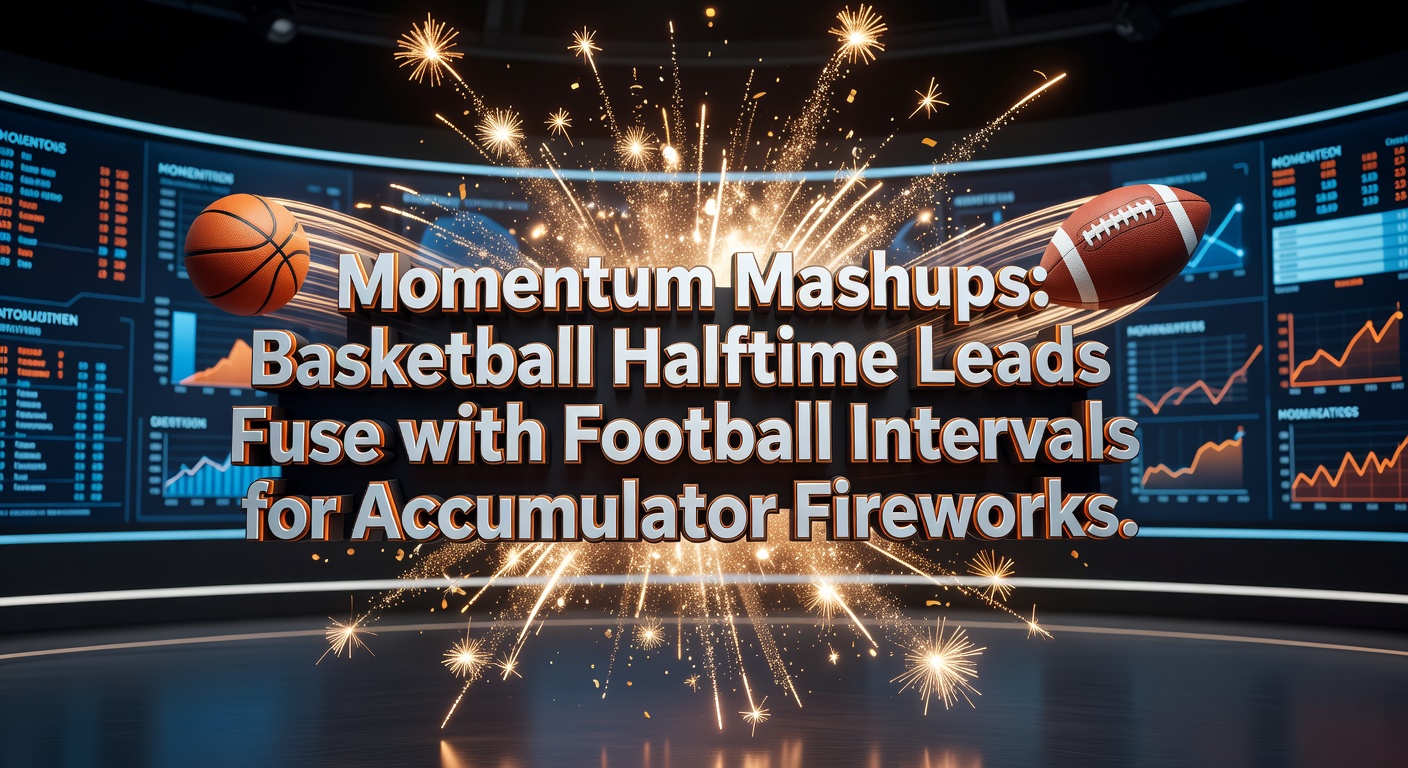 Basketball players huddle at halftime with a commanding scoreboard lead, momentum visibly surging on the court