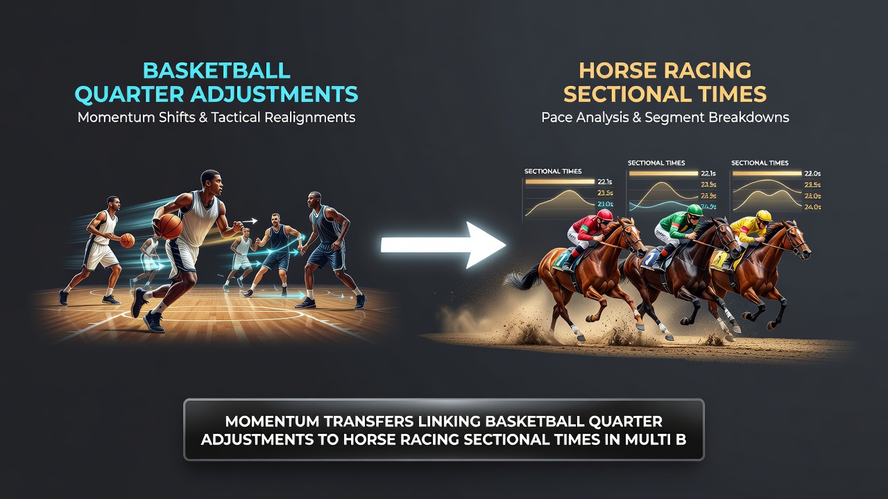 Infographic showing overlaid data charts of basketball quarter momentum curves and horse racing sectional timing graphs used in accumulator calculations