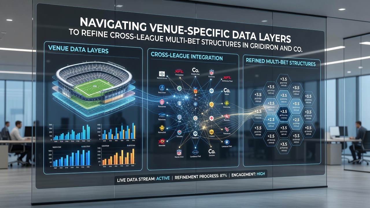 Data dashboard displaying layered venue analytics for NFL stadiums and basketball arenas with correlation lines
