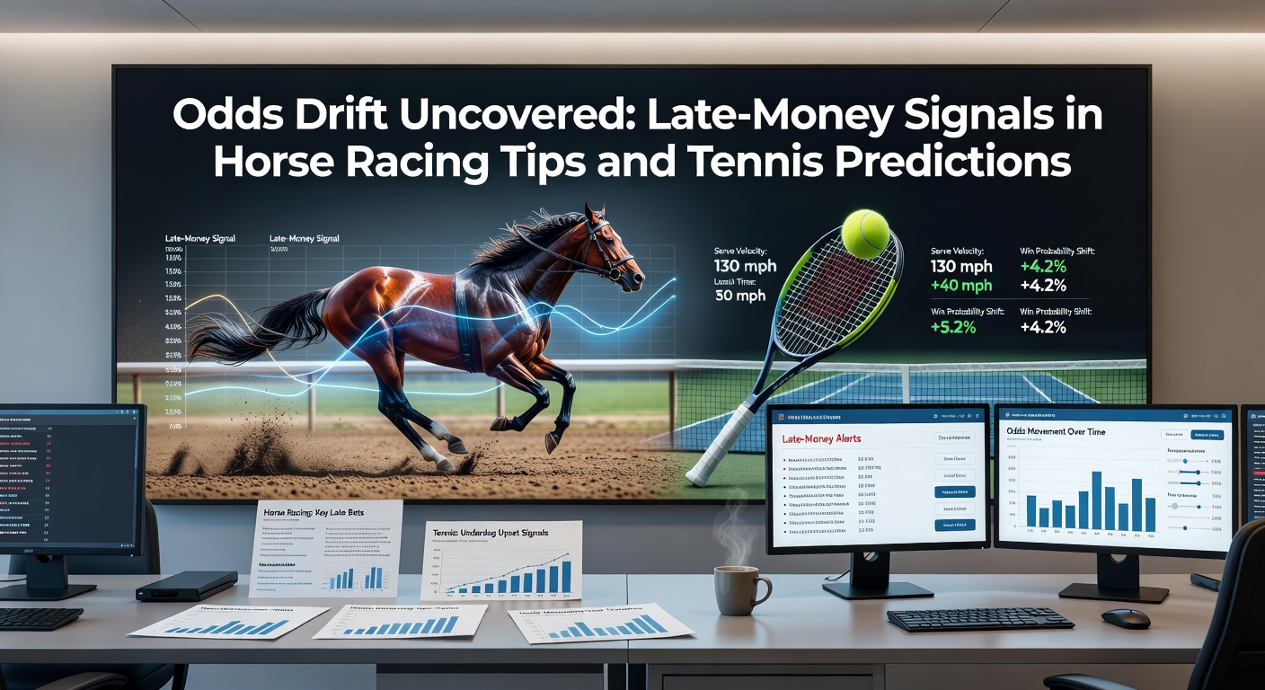 Digital chart displaying odds movements over time for a horse race and tennis match, highlighting drift patterns and late-money surges