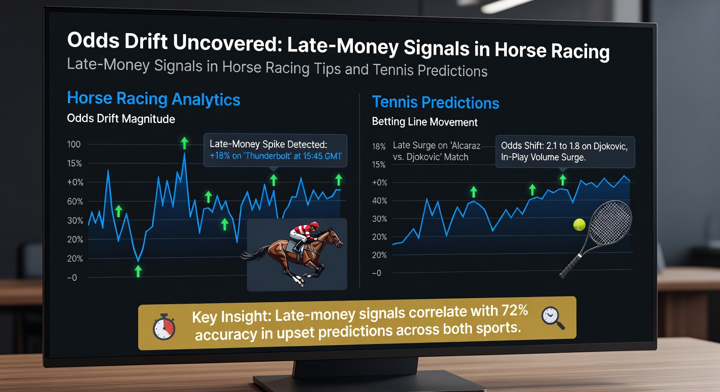 Close-up of a betting exchange screen capturing real-time odds drift on a tennis serve and horse odds tightening late