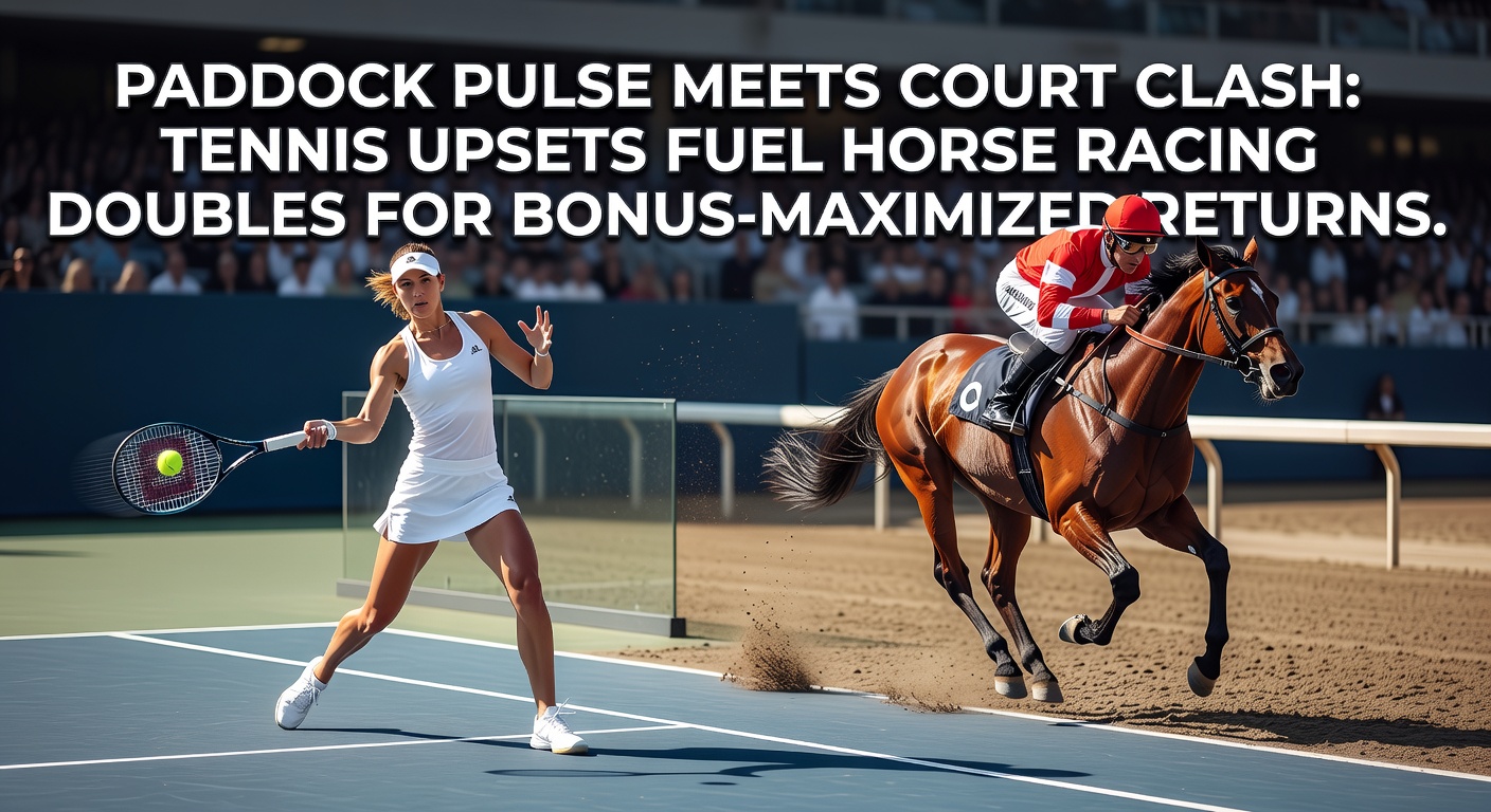 Dynamic split image showing a tennis player mid-upset victory on clay court alongside galloping racehorses charging down the final furlong, capturing the high-stakes energy of combined betting action