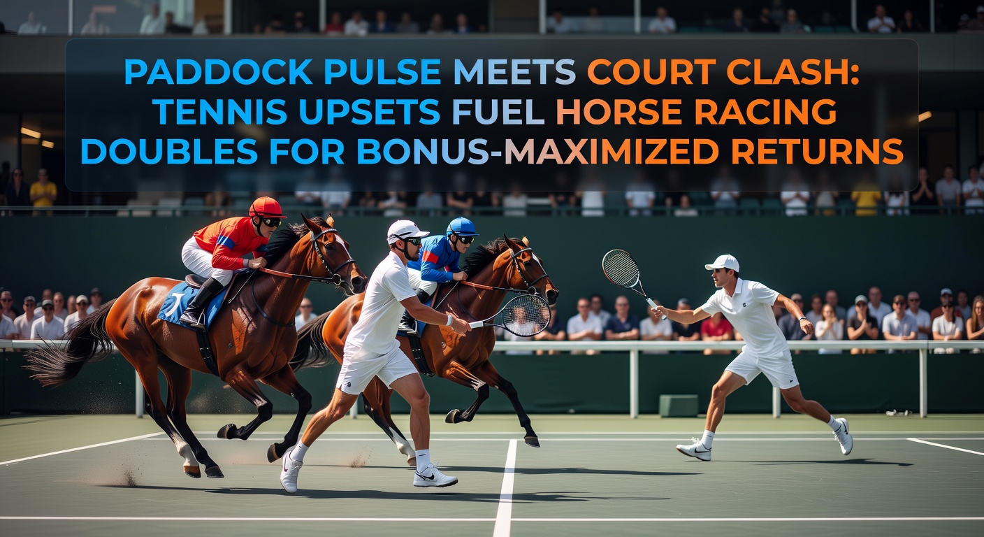 Close-up collage of tennis racket smashing a ball during an upset rally next to a horse's focused gaze in the starting gate, symbolizing the fusion of precision sports betting opportunities