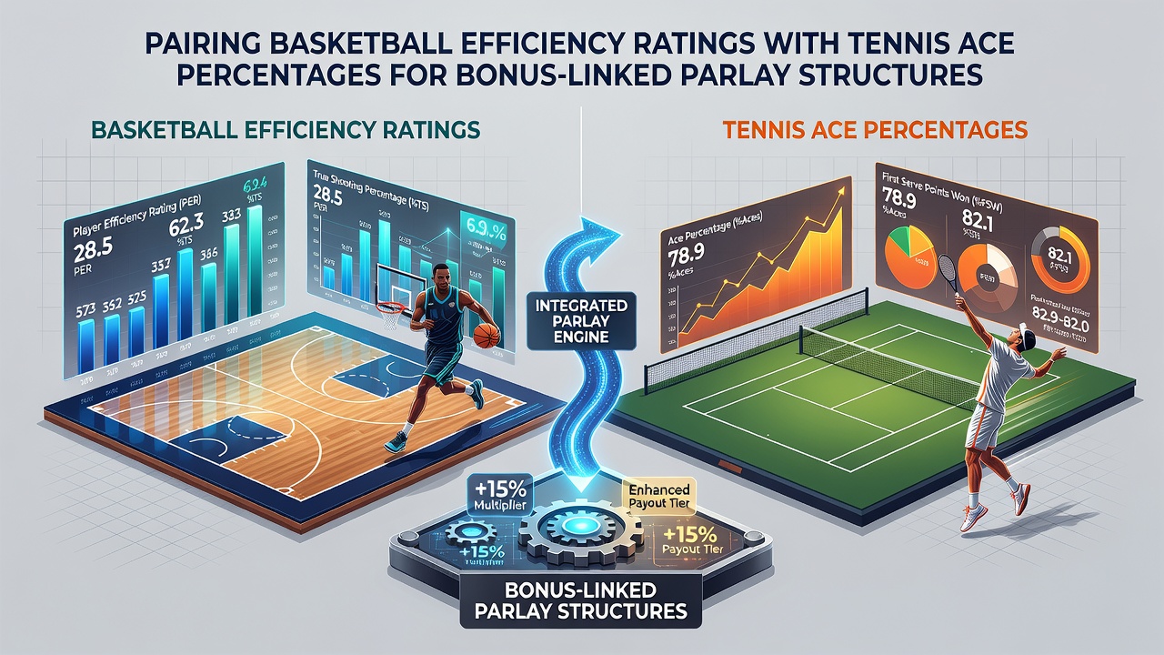 Split screen showing basketball efficiency dashboard metrics alongside tennis ace percentage tracking software during parlay setup