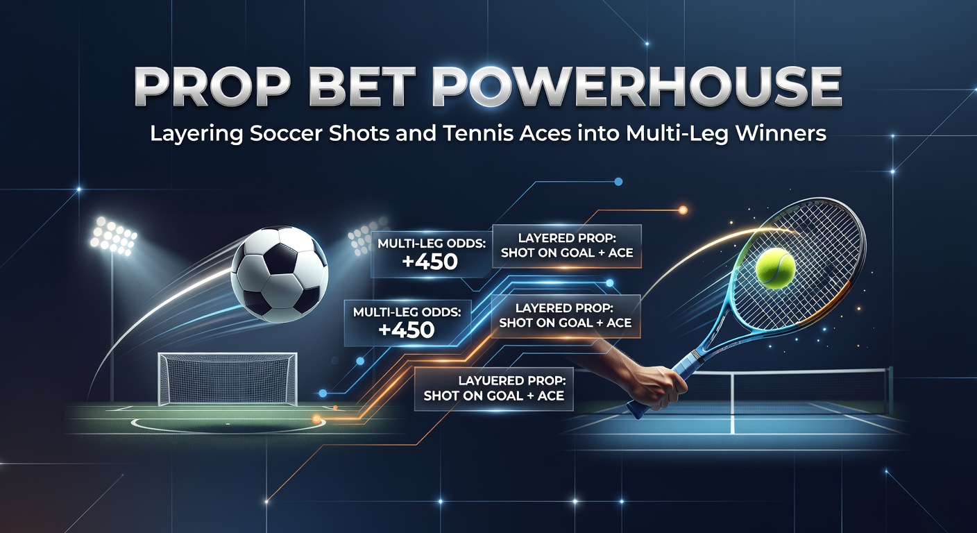 Soccer player taking a shot on goal while a tennis ace serves in the background, illustrating prop bet combinations