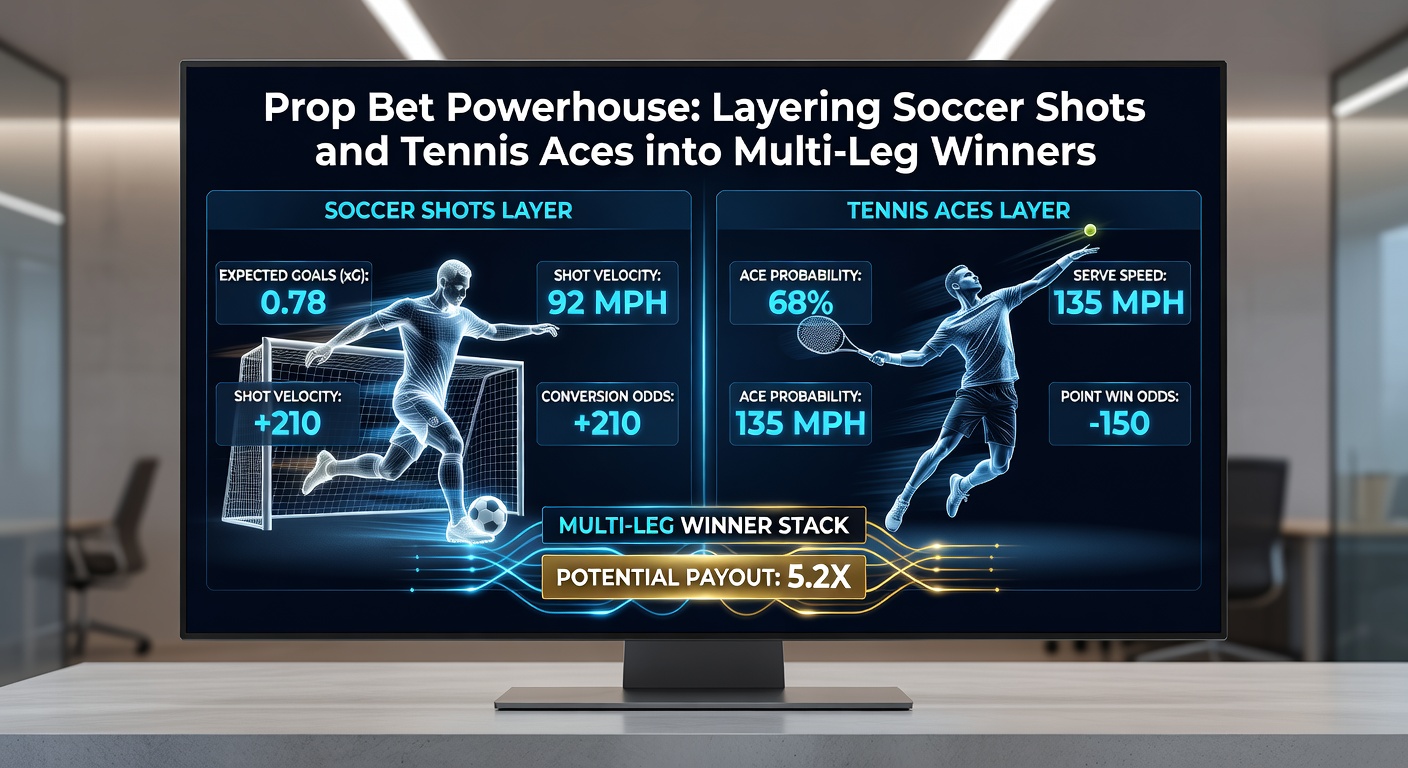 Tennis player celebrating an ace next to a soccer goal celebration, representing successful multi-leg prop bet wins