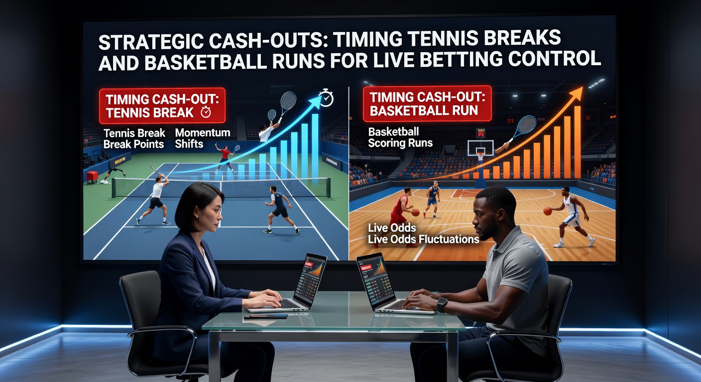 Tennis player serving intensely during a crucial break point moment, with overlaid basketball players in a fast-break run, illustrating live betting dynamics