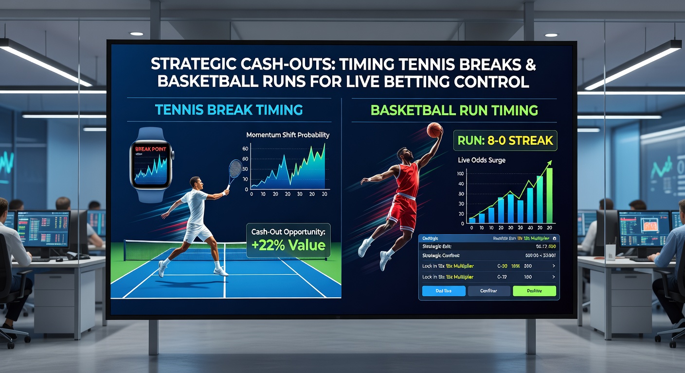 Dynamic split-image of a basketball team on a scoring run celebrating, paired with a tennis break point winner, capturing the essence of momentum shifts in live wagering