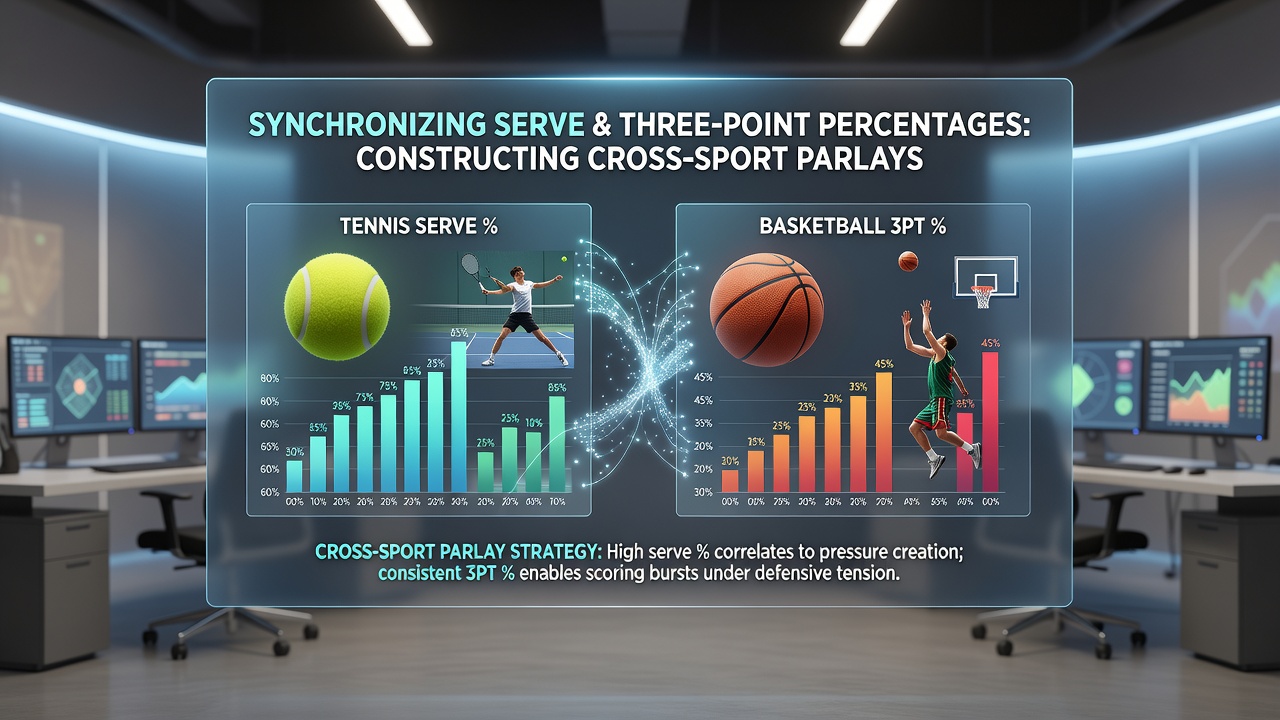 Split screen showing live tennis serve statistics overlay and basketball three-point percentage tracker