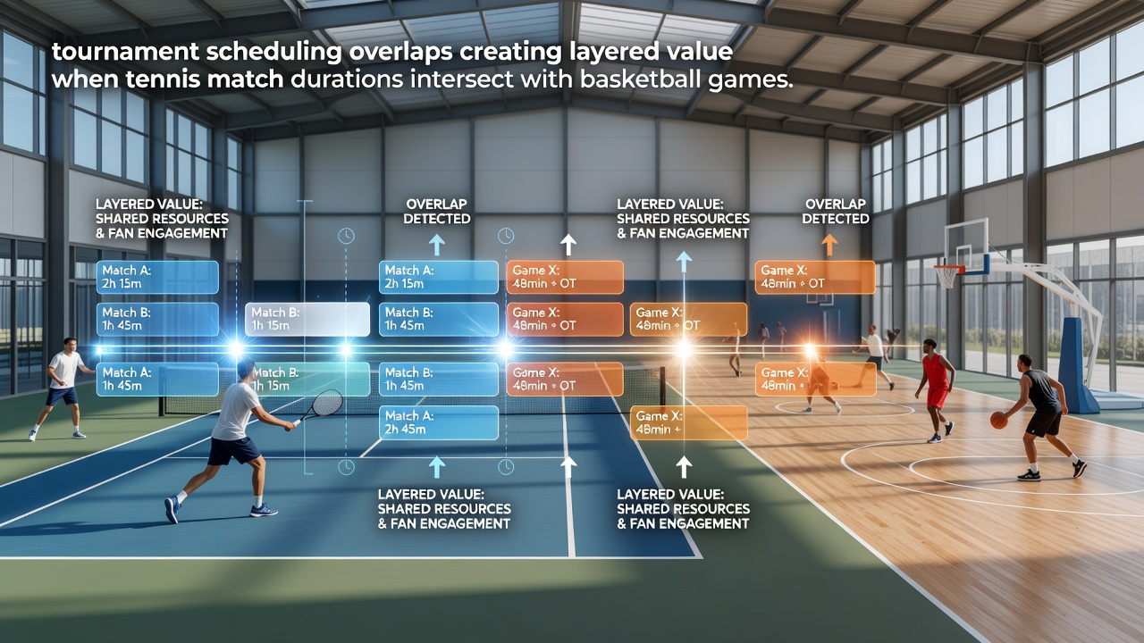 Data charts displaying tennis match timelines intersecting with basketball rotation timelines
