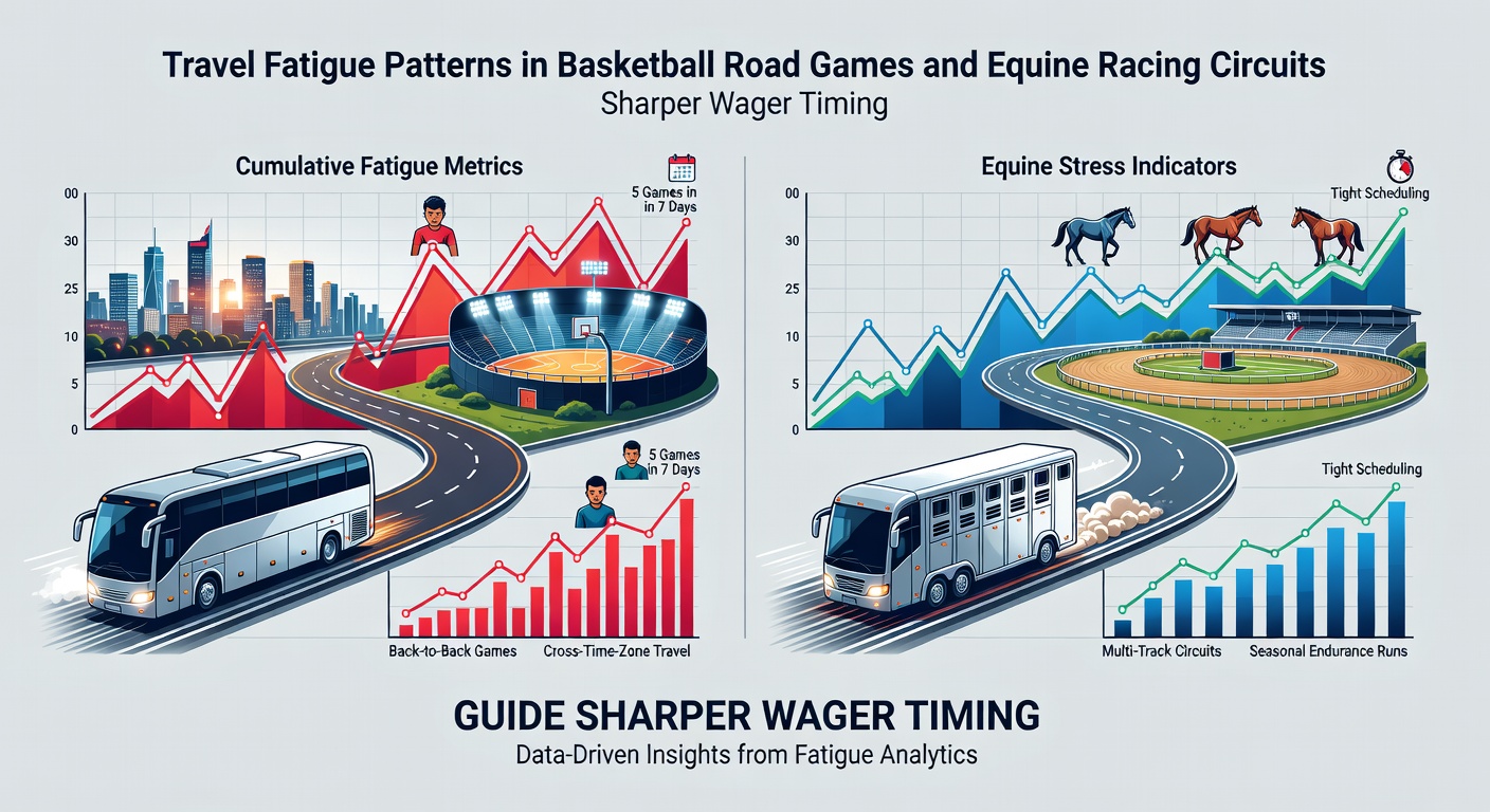 Basketball team traveling by bus and horse race circuit schedule chart showing fatigue indicators