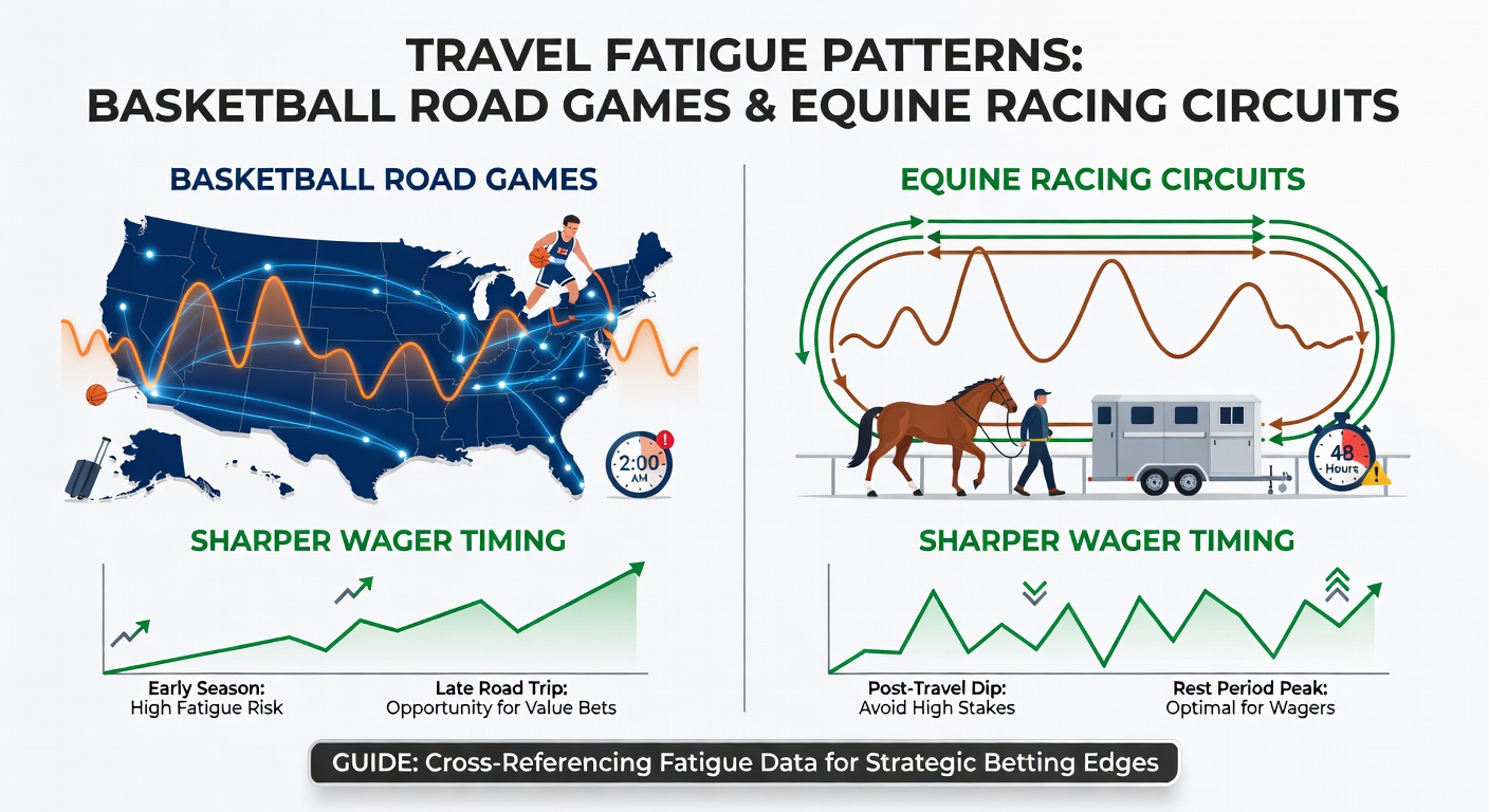 Thoroughbred horses in transit van and race-day performance graph tracking post-travel outcomes