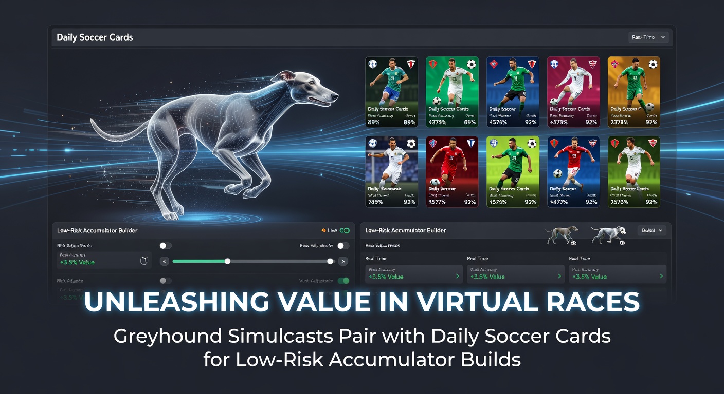 A digital greyhound race simulcast screen shows virtual dogs racing on a track while soccer match highlights play in the background, illustrating the pairing of virtual racing with daily soccer betting cards.