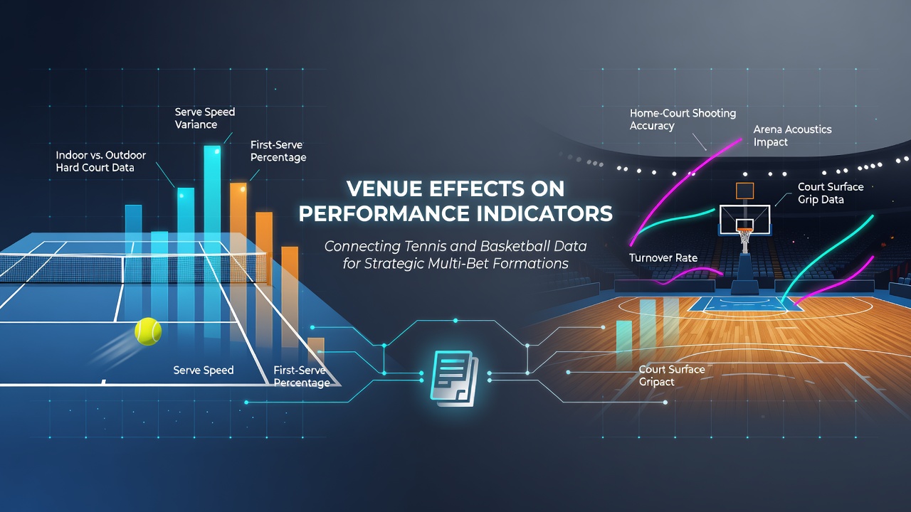 Tennis court surface variations alongside basketball arena layouts showing performance metric shifts