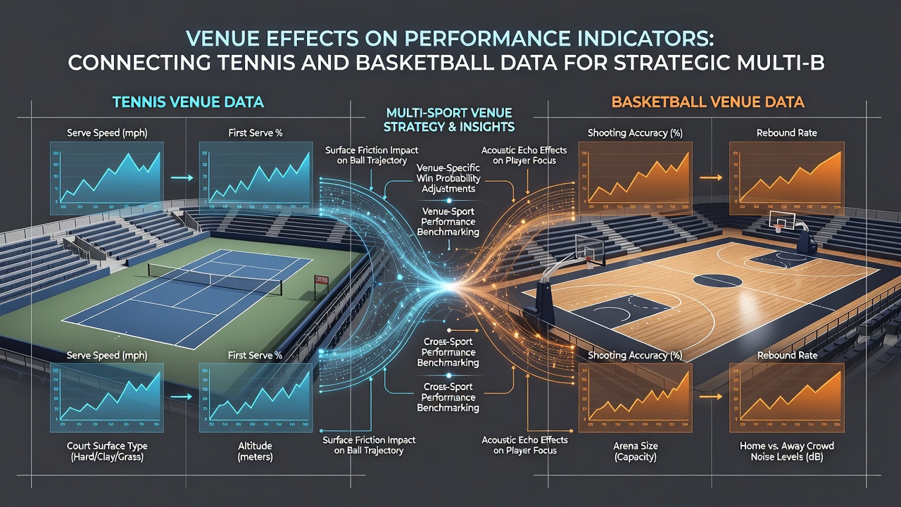 Overlay of tennis performance charts with basketball box score trends illustrating venue-driven statistical alignments